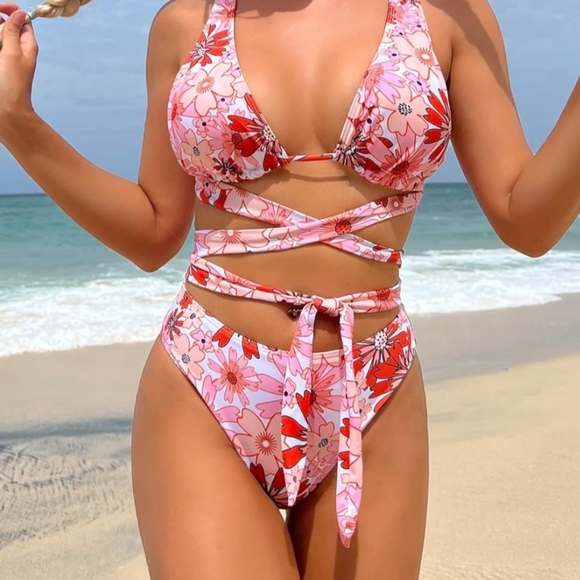 NEW Butterly Barbiecore Pink Floral Wrap Bikini Summer Swimsuit-(#1,457) - Picture 1 of 6